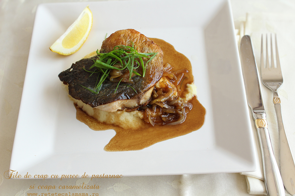 file de crap cu piure de pastarnac si ceapa caramelizata 1